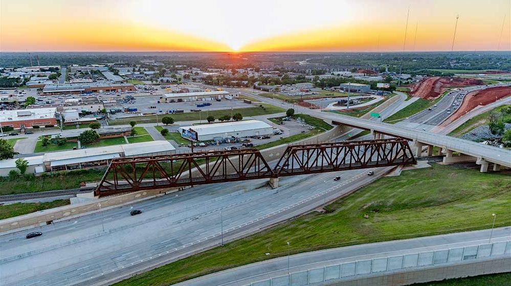 Aerial view of truss bridge.